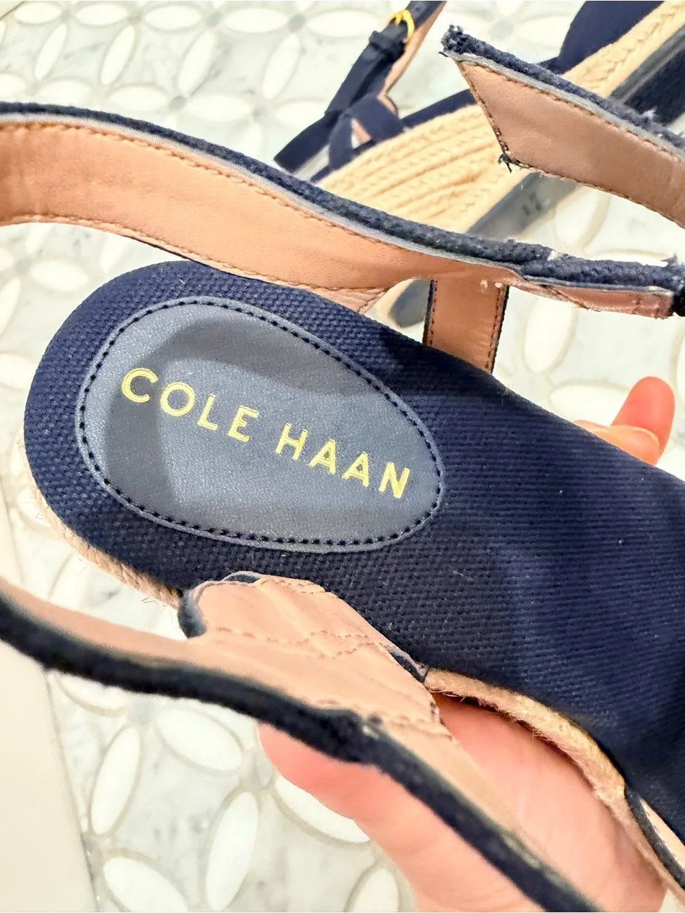 Cole Haan Cloudfeel Navy Blue Canvas Espadrille Wedge Sandals Grand 360 Sz 10.5